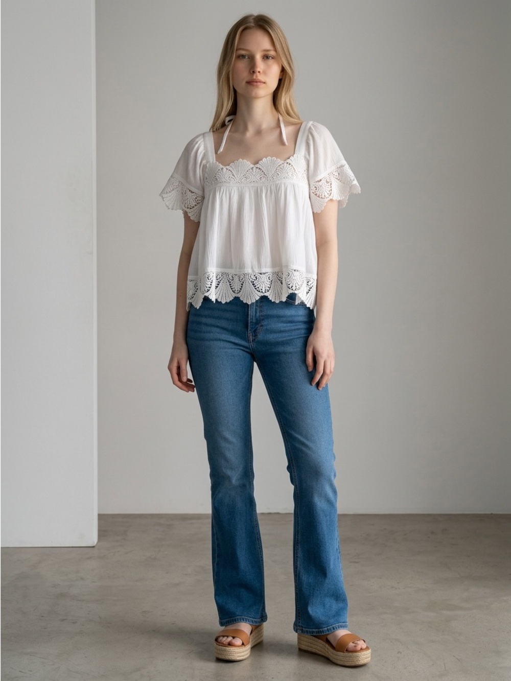 Women’s White Square Neck Crochet Trim Blouse